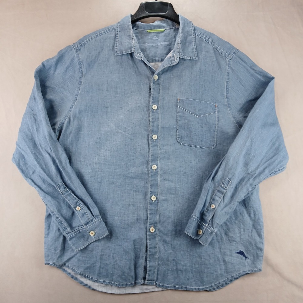 Tommy Bahama XL Mens Shirt Button Up Long Sleeve Linen 25x29 Chambray Type